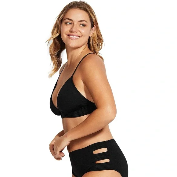 Seafolly Australia Black Quilted Fixed Tri Strappy Bikini Top size 14 EUC - Picture 3 of 12